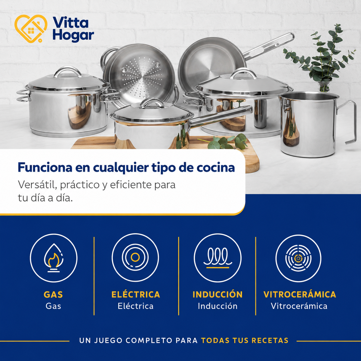 [6 PIEZAS] Juego de Ollas de Acero Inoxidable con Fondo Triple + Set de silicona gratis