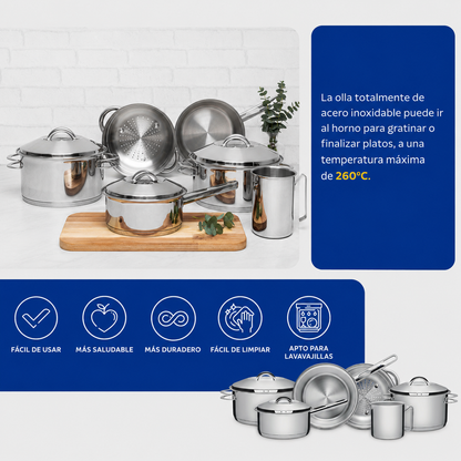 [6 PIEZAS] Juego de Ollas de Acero Inoxidable con Fondo Triple + Set de silicona gratis