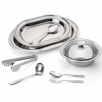[8 PIEZAS] Set para Servir de Acero Inoxidable + 3 Tupper de vidrio gratis