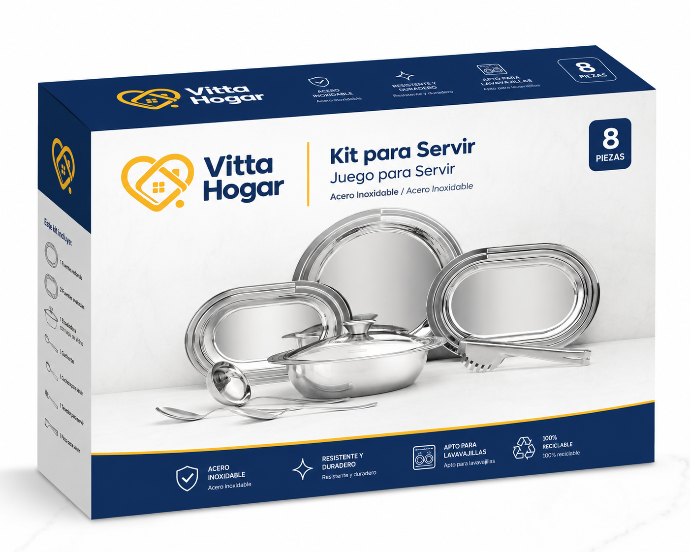 [8 PIEZAS] Set para Servir de Acero Inoxidable + 3 Tupper de vidrio gratis