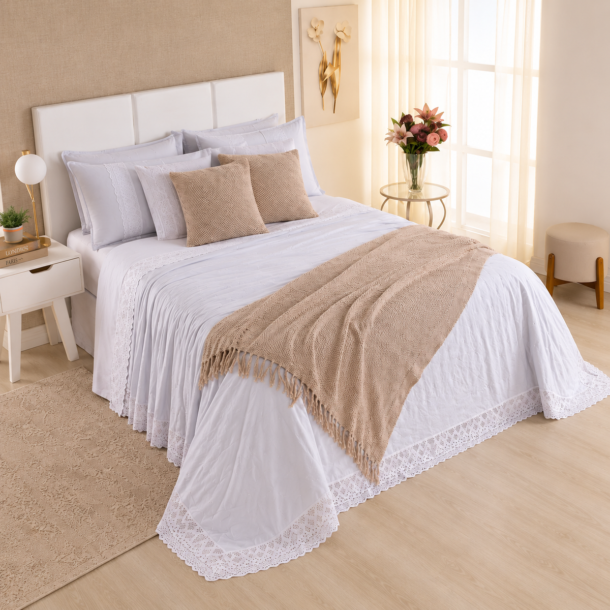 [10 PIEZAS] Juego de Cama Serena de Percal 300 Hilos con Bordado Clásico