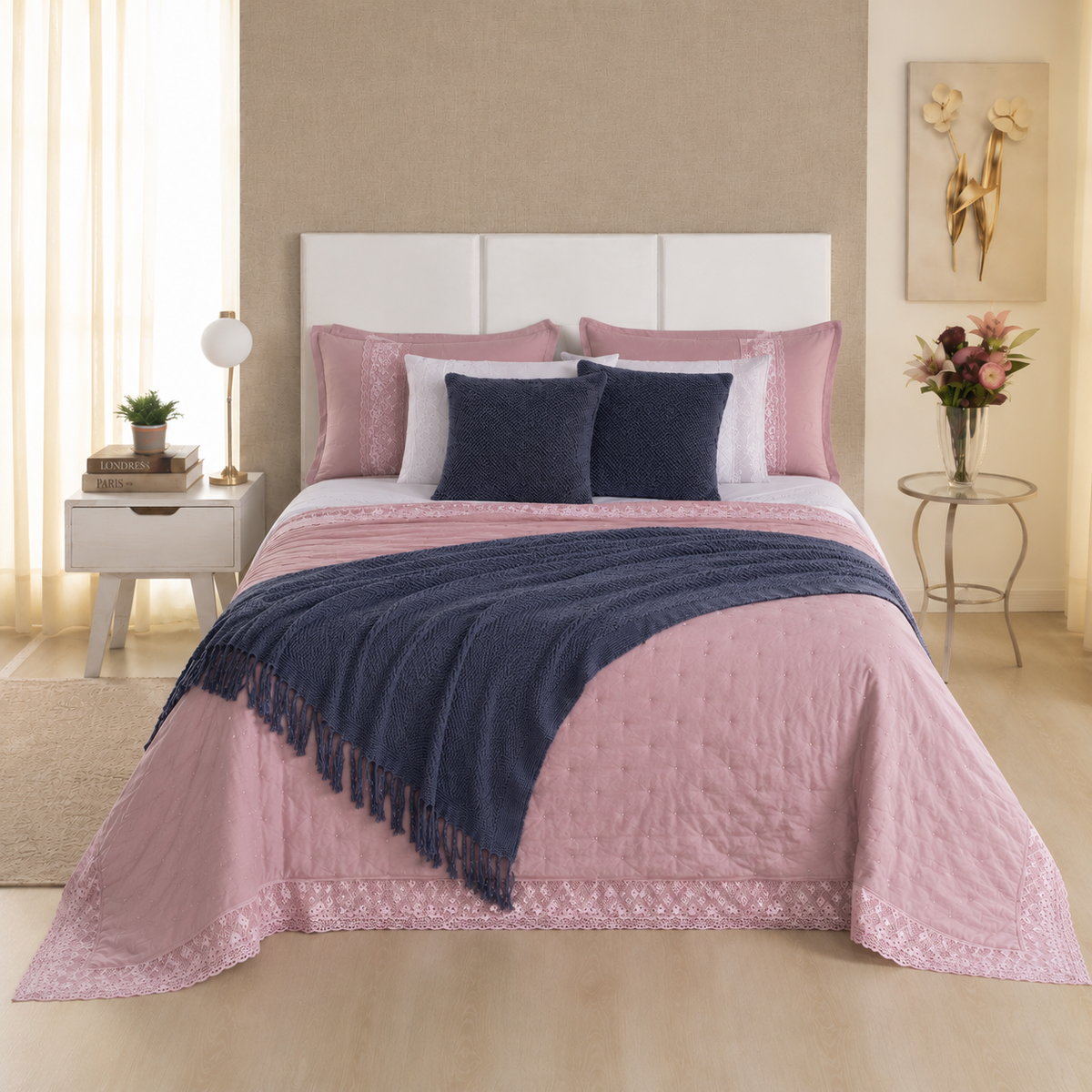 [10 PIEZAS] Juego de Cama Serena de Percal 300 Hilos con Bordado Clásico