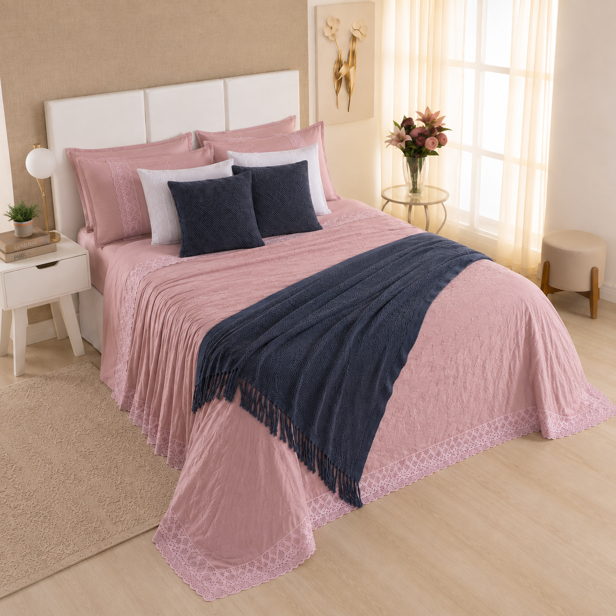 [10 PIEZAS] Juego de Cama Serena de Percal 300 Hilos con Bordado Clásico