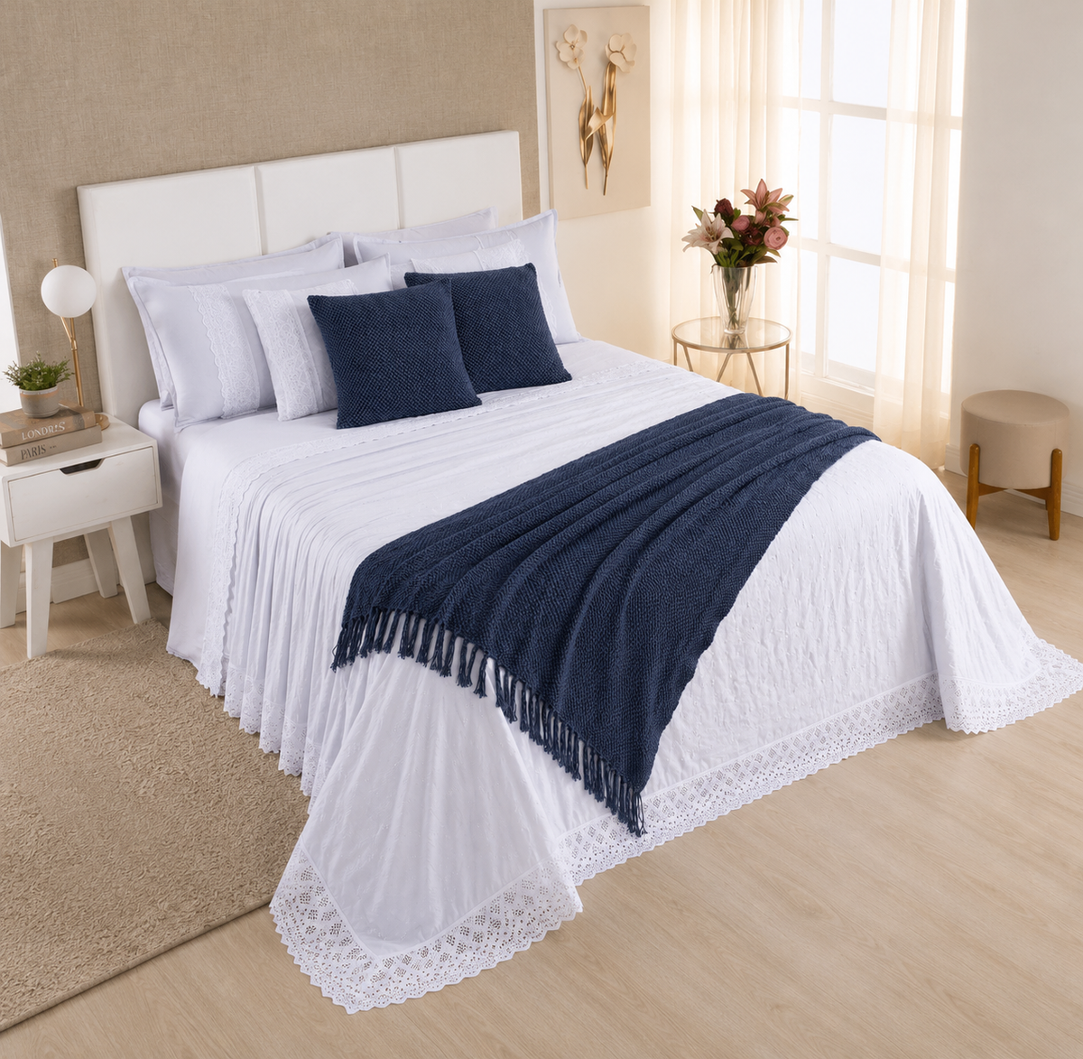 [10 PIEZAS] Juego de Cama Serena de Percal 300 Hilos con Bordado Clásico