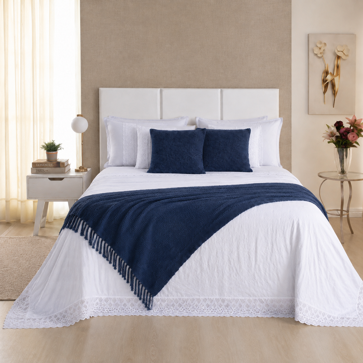 [10 PIEZAS] Juego de Cama Serena de Percal 300 Hilos con Bordado Clásico