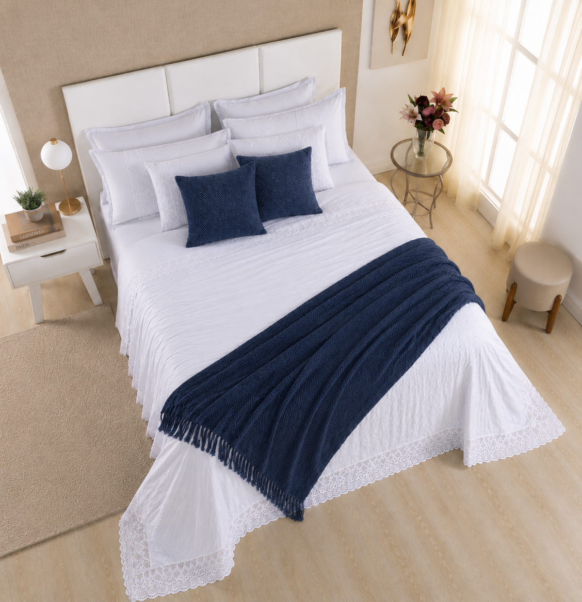 [10 PIEZAS] Juego de Cama Serena de Percal 300 Hilos con Bordado Clásico