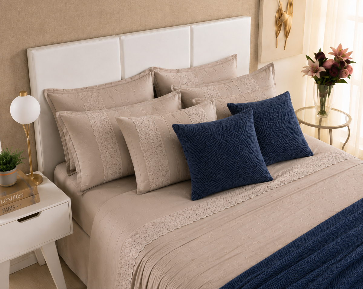 [10 PIEZAS] Juego de Cama Serena de Percal 300 Hilos con Bordado Clásico