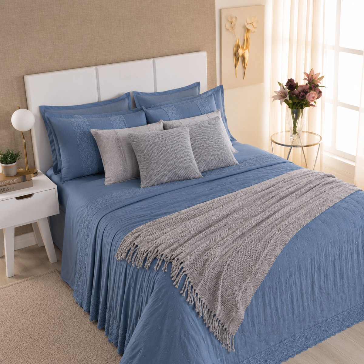 [10 PIEZAS] Juego de Cama Serena de Percal 300 Hilos con Bordado Clásico