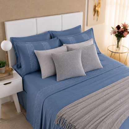 [10 PIEZAS] Juego de Cama Serena de Percal 300 Hilos con Bordado Clásico