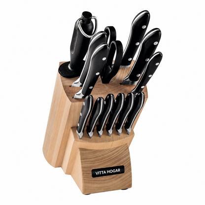 [14 PIEZAS] Juego de Cuchillos Chef de Acero Inoxidable con Taco de Madera + Set de silicona gratis