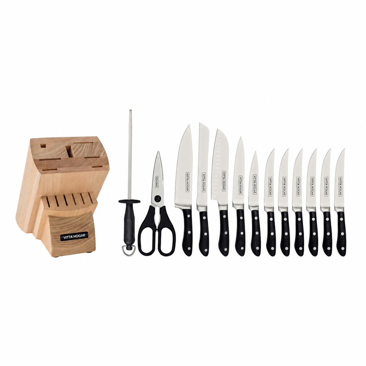 [14 PIEZAS] Juego de Cuchillos Chef de Acero Inoxidable con Taco de Madera + Set de silicona gratis