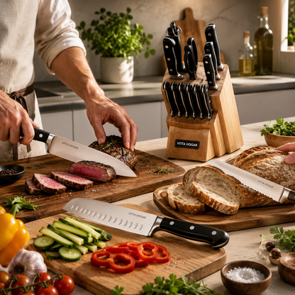 [14 PIEZAS] Juego de Cuchillos Chef de Acero Inoxidable con Taco de Madera + Set de silicona gratis