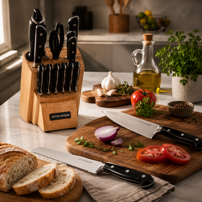 [14 PIEZAS] Juego de Cuchillos Chef de Acero Inoxidable con Taco de Madera + Set de silicona gratis