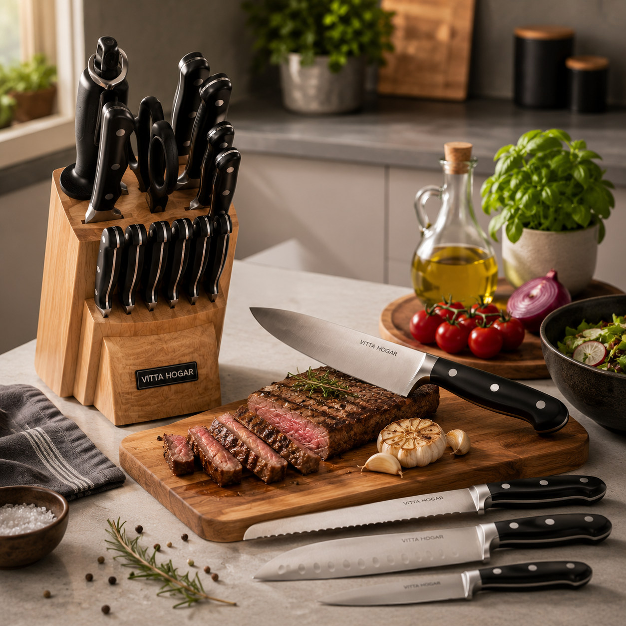 [14 PIEZAS] Juego de Cuchillos Chef de Acero Inoxidable con Taco de Madera + Set de silicona gratis