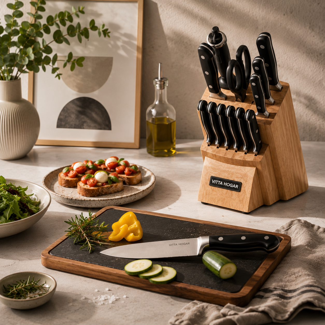 [14 PIEZAS] Juego de Cuchillos Chef de Acero Inoxidable con Taco de Madera + Set de silicona gratis