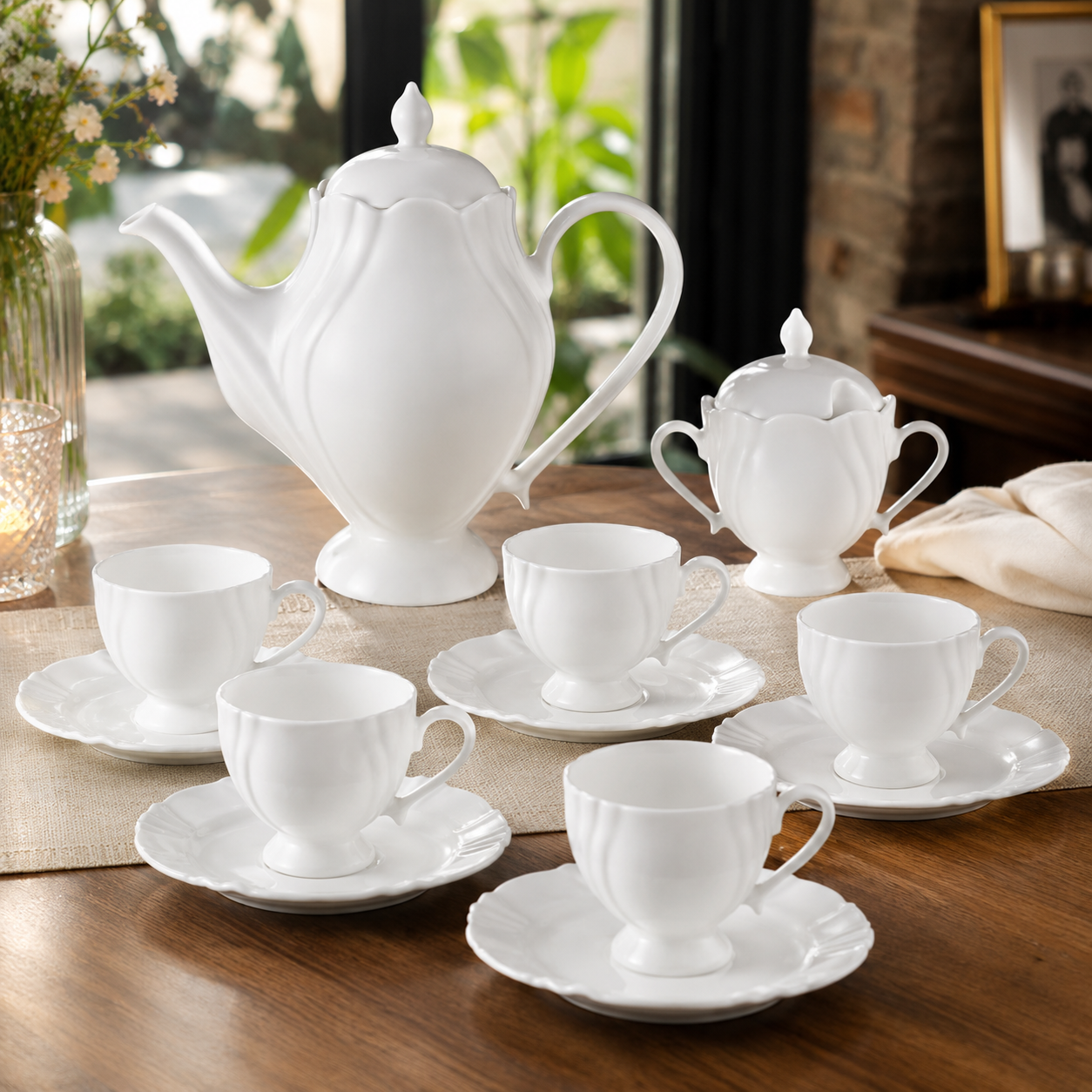 [14 PIEZAS] Juego de Café de Porcelana + Set de Individuales de Mesa de Regalo