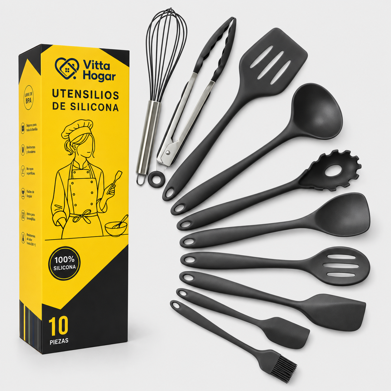 [14 PIEZAS] Juego de Cuchillos Chef de Acero Inoxidable con Taco de Madera + Set de silicona gratis