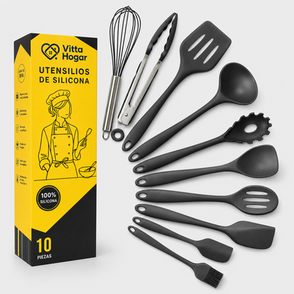 [14 PIEZAS] Juego de Cuchillos Chef de Acero Inoxidable con Taco de Madera + Set de silicona gratis